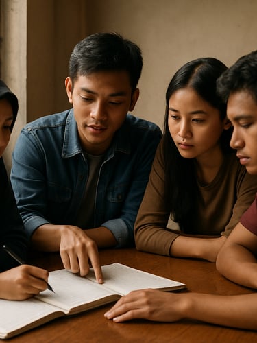 Close environmental shot of a small Indonesian study group seated around a shared table in a community center, notebooks open, one participant pointing to a page while two others lean in attentively, soft ambient daylight from a side window, no one looking at the camera