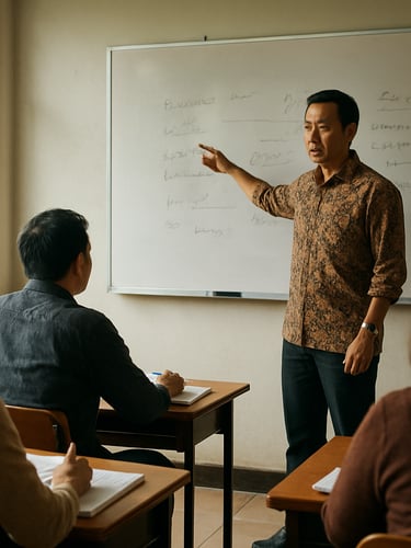 Environmental wide shot of an Indonesian instructor standing at a whiteboard in an active classroom, natural window light from the left, adult learners visible in the foreground with notebooks open on desks, instructor mid-gesture pointing to written notes