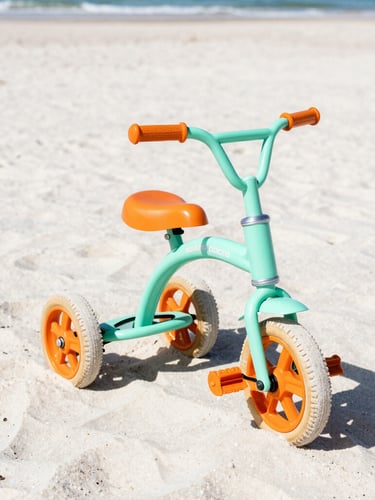 A custom Fuego Sushi tricycle with vibrant orange wheels parked on the white sand beach of Marassi, bright direct midday coastal sunlight, seafoam green accents, 35mm