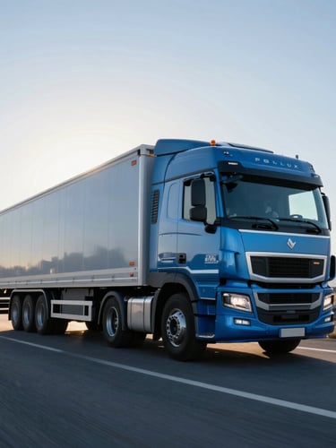 Dynamic low-angle shot of a modern Pollux Project freight truck driving on an open Spanish highway at sunrise, metallic blue tones, crisp commercial photography