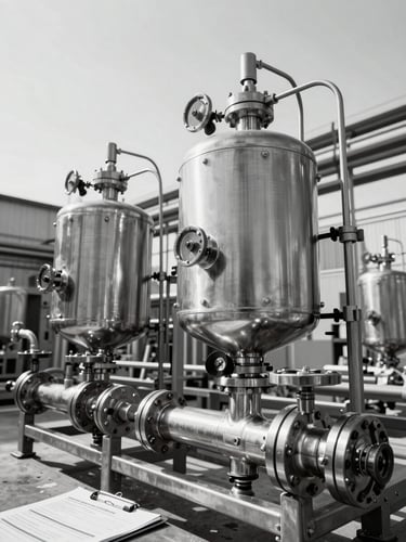 Wide low-angle view of stainless steel treatment equipment in an industrial facility, chemical dosing apparatus and valves in the foreground, cool north-facing daylight, monochrome high-contrast tones, technical documentation clipboard partially visible at the edge, no people