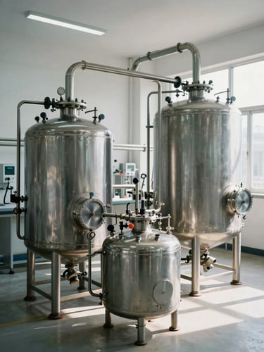 Wide environmental shot of an industrial passivation station: stainless steel tanks and piping in a clinical white facility, cool north-facing daylight, no people, overhead angle emphasizing the geometry of the equipment