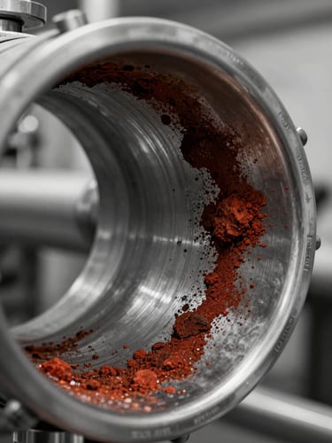 Extreme macro close-up of reddish iron oxide rouging deposits on the interior wall of a stainless steel pharmaceutical pipe, cool industrial studio lighting, high contrast black and white tones with deep rust-red oxide visible, technical and clinical framing, no people