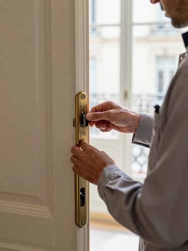 Close-up of a concierge team member in neutral workwear checking a door lock mechanism at the entrance of a Haussmann apartment, natural daylight from a corridor window, hands visible in sharp focus against the worn brass hardware, no face visible — the quiet competence of a pre-arrival inspection