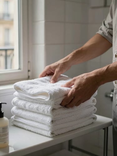Close-up framing of a pair of hands in neutral workwear restocking folded white towels on a bathroom shelf in a Parisian apartment, natural daylight from a small window to the left, the shelf detail and towel texture sharp in focus, a well-maintained tiled wall behind