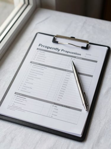 Overhead close-up of a printed property preparation checklist on a clipboard resting on a white linen surface, a pen placed diagonally across it, natural window light from the left casting a faint shadow — the procedural calm of a pre-arrival protocol