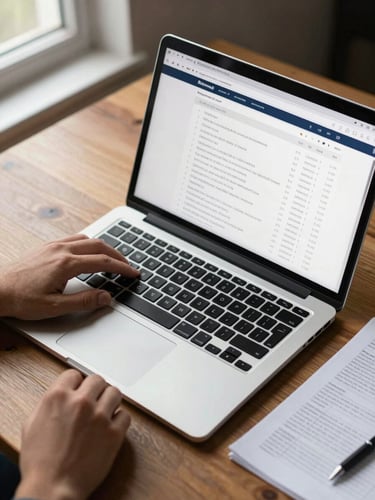 Close overhead shot of a laptop open on a rental listing dashboard on a wooden desk, a printed pricing table beside it, natural window light from the left, a hand resting near the keyboard mid-adjustment, no people's faces visible