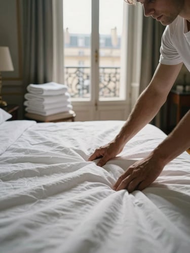 Hands smoothing fresh white linen onto a bed in a sunlit Parisian bedroom, natural daylight through a tall window at the far end, folded towels stacked on a bedside chair in the background, wide shot showing the full bed and room condition