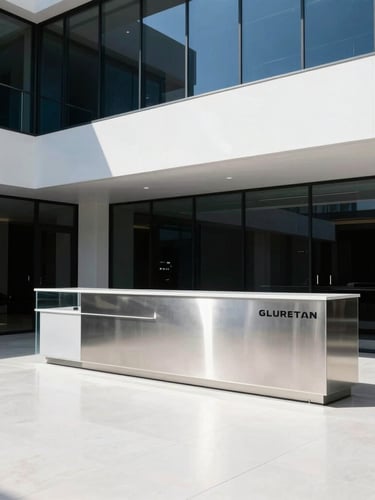 Crisp architectural photography of a minimalist corporate lobby in Dubai, featuring a high-end brushed steel and acrylic reception sign illuminated by clean daylight, wide-angle