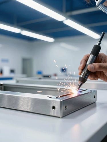Macro shot of a technician precision-welding a brushed steel structural sign frame in a clean, modern Dubai workshop, sparks focused, high-contrast industrial lighting.
