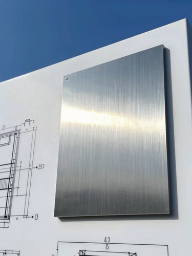 Close-up of a technical blueprint showing structural wind-load calculations for an architectural sign, overlaid with a clean brushed steel material sample, crisp daylight.