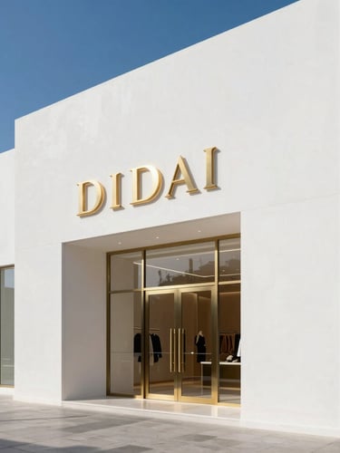 Crisp daytime architectural photography of a luxury retail storefront in Dubai with premium illuminated 3D brass lettering, clean geometric lines, high-contrast shadows.