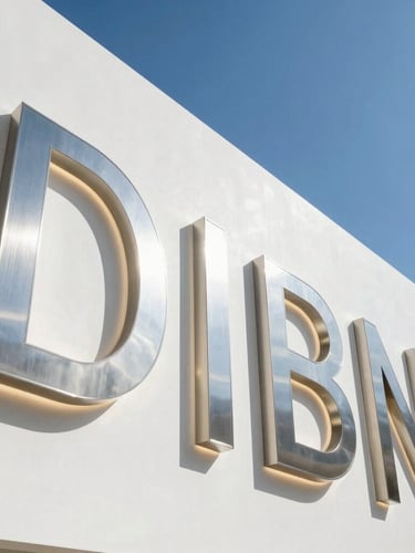 Wide-angle architectural photography of a luxury retail facade in Dubai, featuring massive brushed stainless steel 3D lettering illuminated with crisp white halo LED backlighting, sharp daylight, clean shadows.