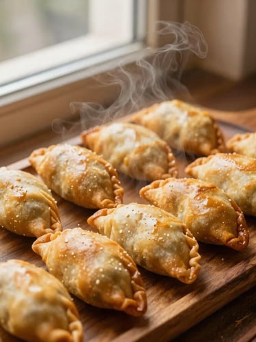 Overhead shot of a rustic wooden platter filled with golden-brown coxinhas and empadas, warm side lighting, steam gently rising, cozy bakery window background.
