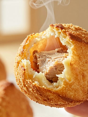 Macro close-up of a golden-brown coxinha being gently pulled apart, steam rising, creamy chicken filling visible, warm bakery side-light, shallow depth of field