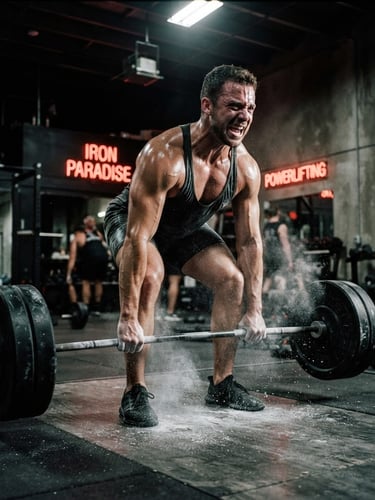 Dynamic low-angle shot of a sweating athlete mid-deadlift in a dark gritty gym, dramatic rim lighting, chalk dust in the air