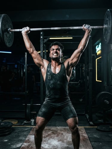 Powerful Indian male athlete mid-lift, chalked hands gripping a heavy barbell, intense focus, dramatic low-angle, high-contrast lighting, deep shadows, gritty athletic photography, desaturated tones with neon accents
