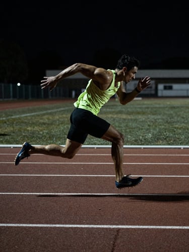 Athlete mid-sprint on an indoor turf track, dynamic motion blur, sweat visible, high-contrast rim lighting, gritty atmosphere, desaturated tones with neon accents.