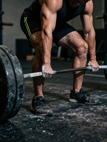 Athlete performing a heavy deadlift, chalked hands gripping barbell, intense focus, dramatic low-angle lighting, deep shadows, gritty athletic photography.