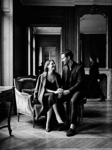 High-contrast black and white photography, natural directional light, deep shadows, elegant editorial composition, 35mm film grain, a high-fashion couple in a Parisian salon, candid moment, wide architectural frame, soft window light, deep shadows.