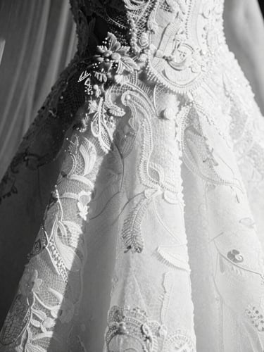 Black and white close-up photograph of delicate lace texture on a wedding gown, natural directional light creating deep shadows and high contrast, elegant editorial composition, 35mm film grain.
