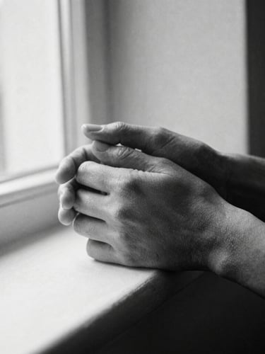 High-contrast black and white photography, natural directional light, deep shadows, elegant editorial composition, 35mm film grain, intimate close-up of intertwined hands, delicate fabric texture, soft window light, quiet geometry.