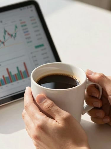 A close-up of hands holding a warm coffee mug next to a tablet screen displaying clear financial charts, bright natural daylight