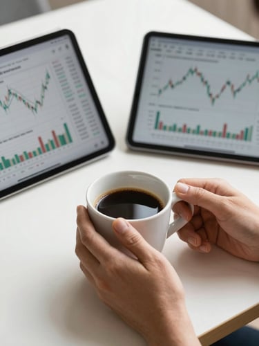 A close-up of hands holding a warm coffee mug next to a tablet screen displaying clear financial charts, bright natural daylight, clean modern table surface