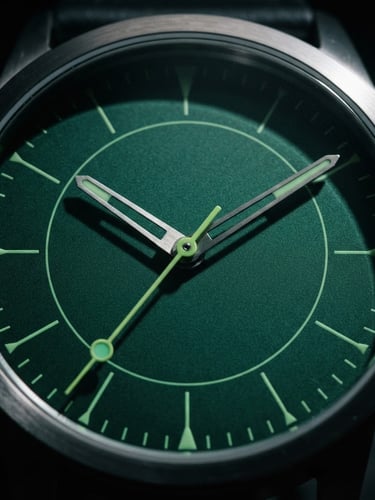 Stark close-up of an analog clock face with sharp shadows, high-contrast studio lighting, deep emerald green accents, minimalist athletic-academic aesthetic, 35mm lens, crisp shadows