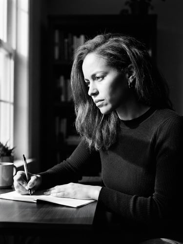 High-contrast black and white portrait of a focused woman in her thirties, sharp morning window light, dramatic shadows, minimalist study space, 35mm lens.