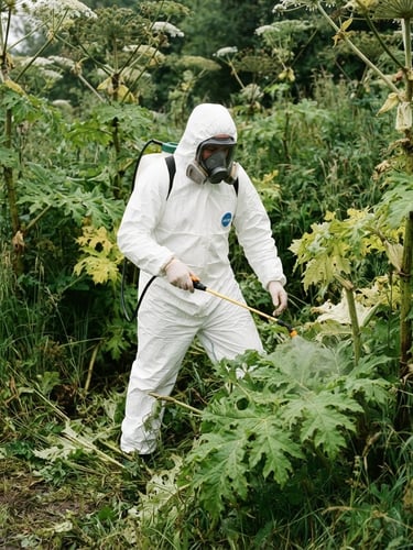 Documentary outdoor photography of a professional technician in a white protective hazmat suit and respirator spraying chemical treatments on giant hogweed plants in a dense field, sharp overcast daylight, high contrast, 35mm lens