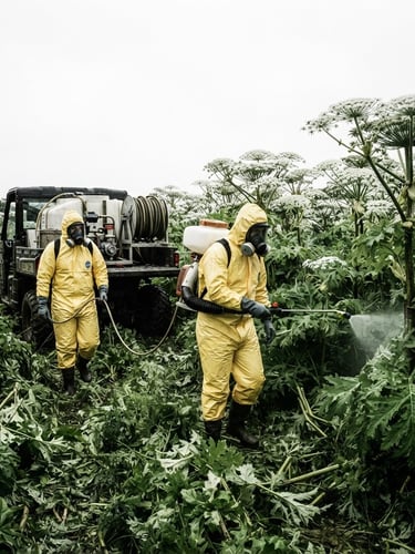 Professional crew in full protective hazmat gear operating heavy agricultural spraying equipment in a field of giant hogweed, sharp overcast daylight, high contrast, documentary outdoor photography, 35mm lens