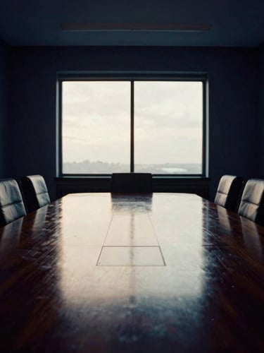Sober editorial photography of an empty high-end boardroom, dramatic window light reflecting off a polished dark wood table, deep navy tones, cinematic 35mm composition.