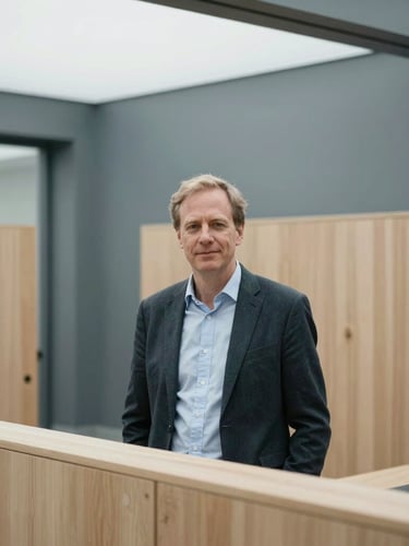 Environmental portrait of Jan Kohlhase in a structured architectural office, natural overcast light, soft shadows, professional look