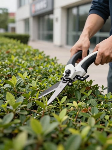 Close-up of professional hedge trimming equipment cutting a straight line along a dense green hedge at a commercial building exterior, bright daylight, no people visible, clean institutional setting