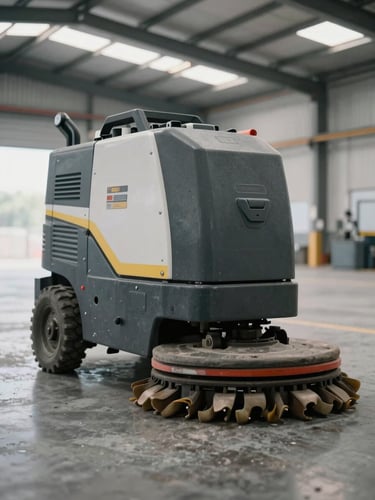 Close-up of industrial floor scrubbing machine on polished concrete floor inside a large warehouse, bright daylight from skylights above, no people, machinery detail sharp in foreground