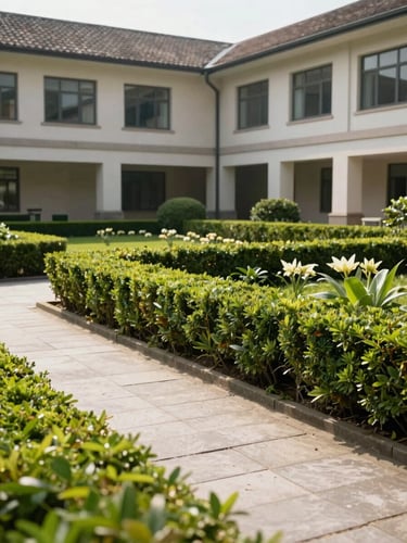 Wide shot of a well-maintained building courtyard, neatly trimmed hedges and low groundcover plants along a stone path, bright midday daylight, no people present, institutional exterior setting