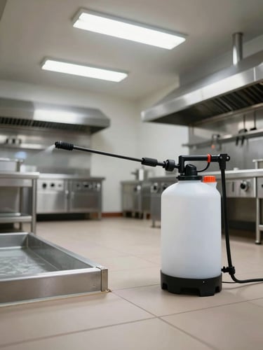 Wide interior shot of a professional pest control sprayer nozzle aimed at a baseboard junction in an empty commercial kitchen, stainless surfaces and tile visible under bright fluorescent light, no people present