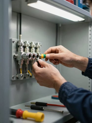 Close-up of a technician's hands connecting electrical conduit fittings on a metal panel inside a commercial utility room, bright overhead fluorescent lighting, no human face visible, tools laid on a grey work surface in the foreground