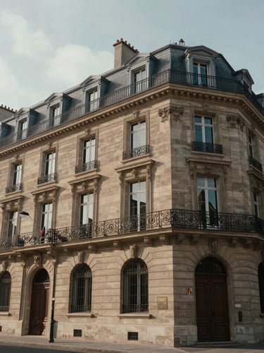 Architectural wide angle of a Haussmannian facade in Paris, soft diffused natural daylight, deep shadows, elegant stone textures