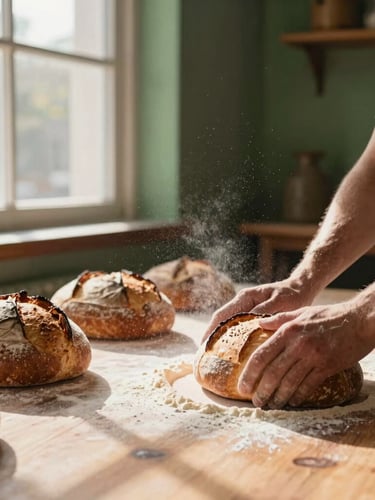 A warm, natural-lit bakery interior at dawn, flour dust floating in the air, a baker shaping sourdough loaves on a heavy wooden table, soft shadows