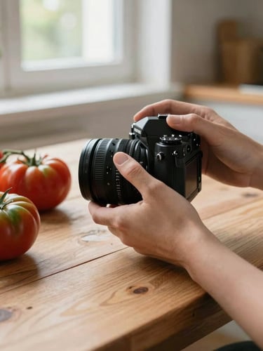 Close-up of hands holding a camera over a rustic wooden table with fresh heirloom tomatoes, soft natural window light, scandinavian kitchen background