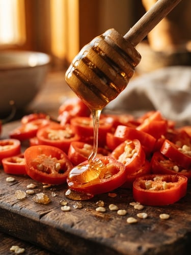 Macro close-up of thick golden honey dripping slowly from a wooden dipper over fresh, sliced red habanero peppers on a rustic dark wood surface, warm low-angle golden-hour sunlight casting long shadows, rich amber and terracotta tones, shallow depth of field