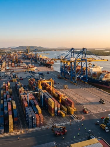 Wide panoramic shot of a modern, bustling container port in Vietnam at golden hour, with large cargo ships and cranes, clear blue sky, architectural framing, bright natural daylight, deep navy and warm gold tones, sharp focus, 35mm.