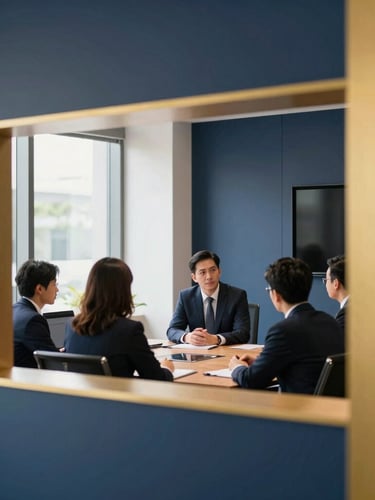 Professional collaboration in a modern Vietnamese corporate boardroom, natural light, focused discussion, architectural framing, deep navy and warm gold tones.