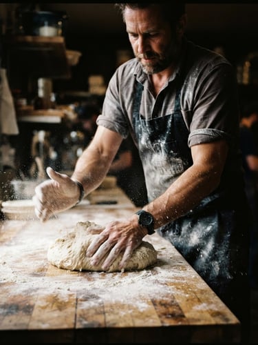 High-contrast, gritty editorial photograph of a chef in mid-motion, hands kneading dough on a rustic wooden table, flour dust in the air, natural light with deep shadows, shallow depth of field.