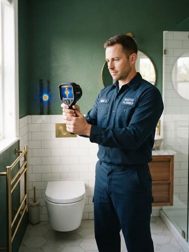 A professional plumber in a clean uniform using a thermal imaging camera to scan a modern bathroom wall, bright natural daylight, high-tech diagnostic equipment, clean professional photography, bright natural indoor lighting, deep green and white accents, sharp focus, 35mm