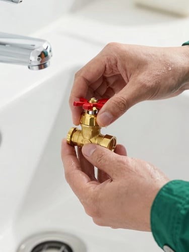 Clean hands of a technician adjusting a modern brass water valve under a sink, bright natural indoor lighting, premium craftsmanship, clean professional photography, deep green and white accents, sharp focus, 35mm