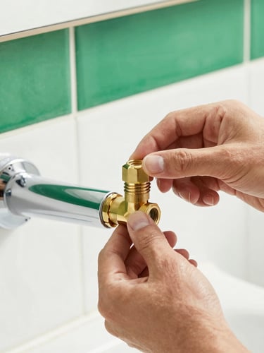 Modern brass bathroom fixtures close-up, clean hands of a professional plumber carefully tightening a connection, bright natural light, crisp green and white background, sharp focus