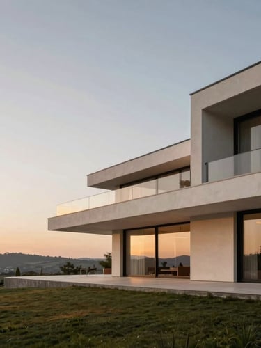 Wide panoramic architectural shot of a modern minimalist luxury villa in the Buda hills during golden hour, soft warm lighting, negative space on the left, 35mm lens